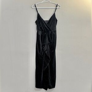 Dynamite Black Sparkly Velvet Midi Dress Faux Wrap Style Ruffle w Slit - Small